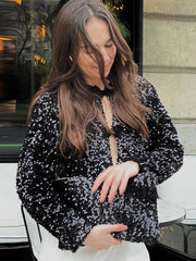 Aiertu  Elegant Sequin Women Cardigan Coat O Neck Hollow Out Bow Tied Shinny Short Top Female Long Sleeve Fashion Highstreet Outerwear Aiertu