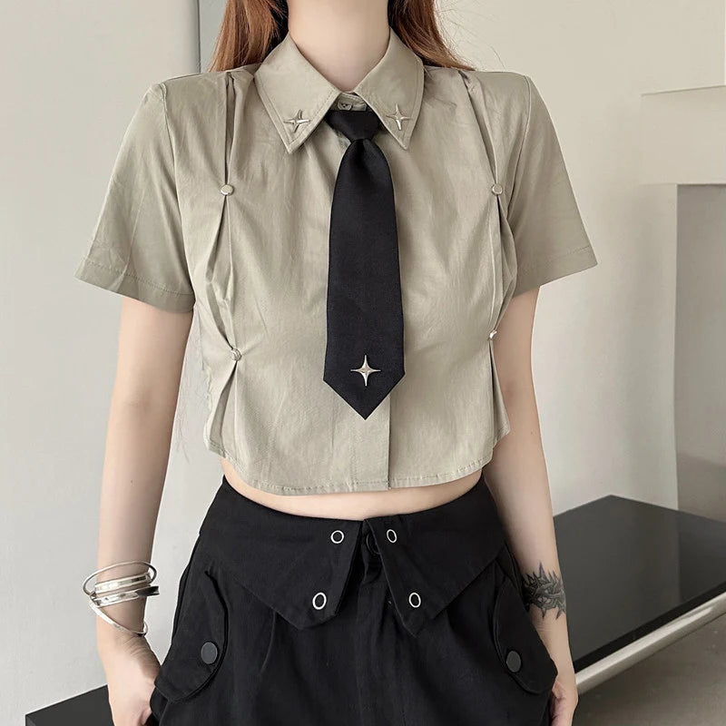 Aiertu Y2K Cropped White Shirts Women Harajuku Tie Short Sleeve Blouses Summer Preppy Korean Aesthetic All Match Crop Tops New Aiertu