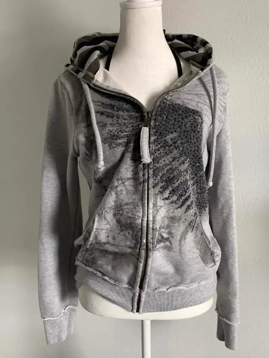 Aiertu  -  American Rhinestone Print Sports Hoodie Retro Gothic Zipper Women's Casual Top Grunge Style Y2k Clothing Hoodies Women Aiertu