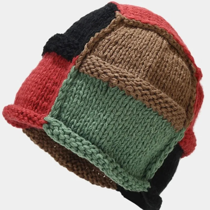 Aiertu  -  Fashion Color Patch Beanie Hats For Women Hand Crocheted Skull Caps Spring Autumn Outdoor Ear Protector Hollow Thin Knitted Hat Aiertu