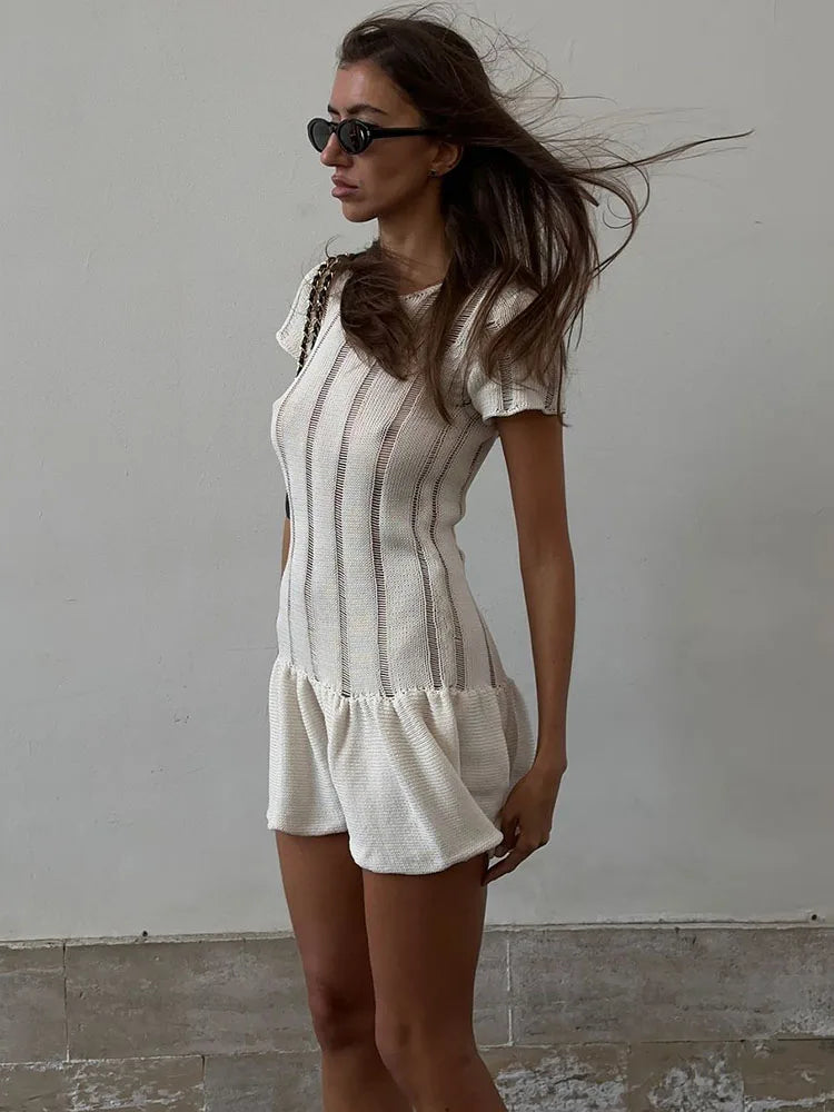 Aiertu       -  Fashion White Hollow Knitted Mini Dress Female Elegant Fashion Short Sleeve O Neck Slim Folds Holiday Sweater Dresses Aiertu