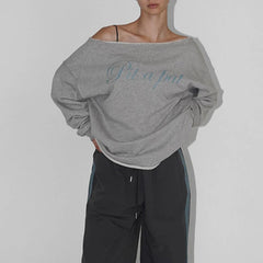 Aiertu  Letter Print Long Sleeve Skew Collar Loose Casual Irregular T-Shirt Fashion Vintage Tops Autumn Streetwear Sweatshirt Aiertu