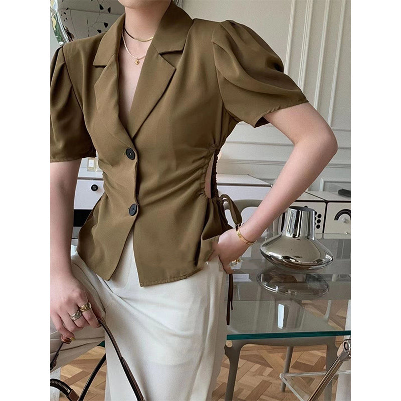Aiertu Elegant Cropped Shirts Women Vintage Sexy Hollow Out Shirring Blouses Summer Office Ladies Korean Puff Sleeve Chic Tops Aiertu