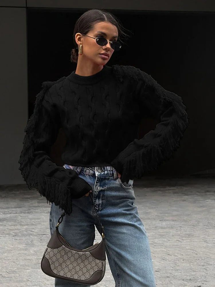 Aiertu  -  Splice Tassel Short Knitted Top Female Solid Slim Fit Long Sleeves Fashion Pullover Sweater Women's Autumn Winter Casual Aiertu