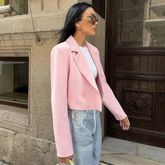 Aiertu  -  Pink Casual Short Blazers For Women Loose 2026 Autumn Winter New Top Long Sleeve Solid Notched Lady Fashion Blazers Coat Aiertu