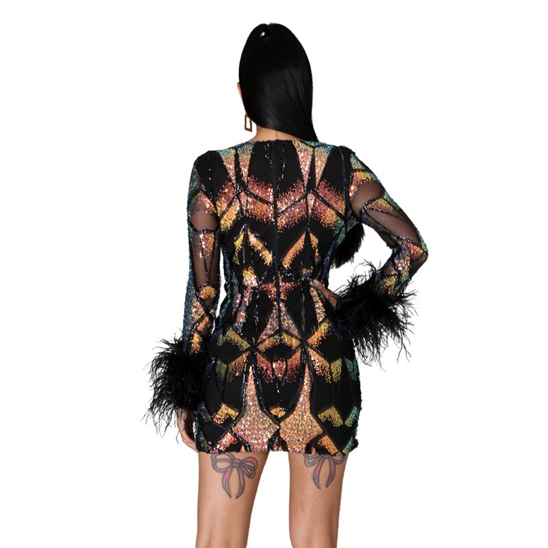 Aiertu  Women Sexy Sequins Feather Night Club Party Dress Deep V Neck Sheer Mesh Long Sleeve Bodycon Mini Dresses Vestidos Aiertu