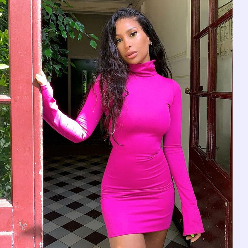 Aiertu Summer New Sexy Casual Commutes Women's High Collar Long Sleeved Horn Sleeve Elastic Tight Knit Mini Short Dress Aiertu