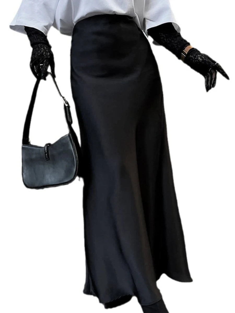 Aiertu  -  Women's High Waisted Solid Long Skirt Elegant Lce Silk Satin Slim Fit Skirt Fashion Office Lady Summer Long Skirt Aiertu