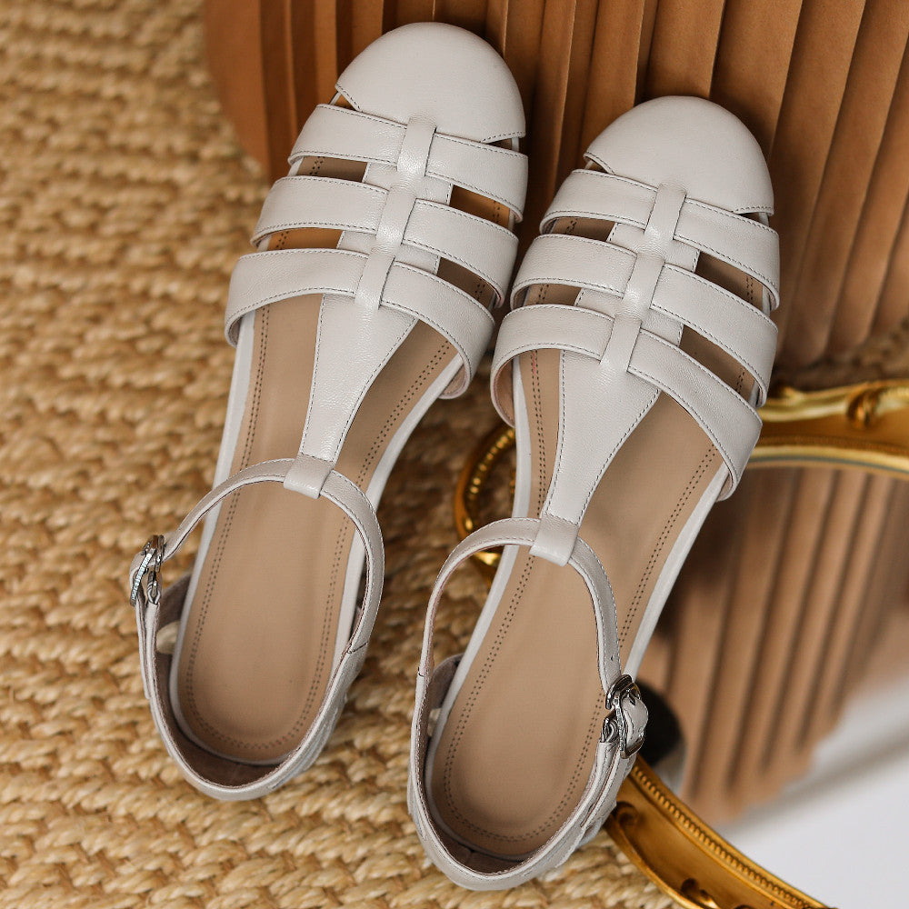 Aiertu  -  Women's genuine leather narrow band braided t-strap falts sandals round toe cage Roman style casual female summer daily shoes Aiertu