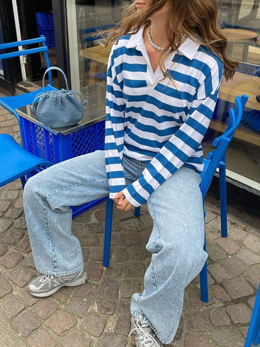 Aiertu  -  Women Baggy Striped Long Sleeve Tee Top Lapel Collared Shirt Y2k Loose Color Block Casual Loose Pullover Fall Streetwear Aiertu