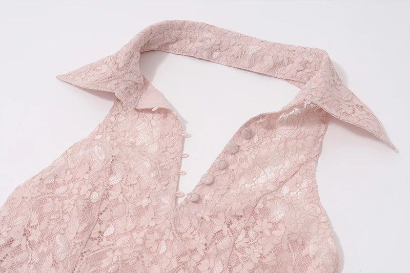 Aiertu  -  French Sweet Girl Pink Lace Halter Neck Sleeveless Dress Women's Summer Pure Sexy Slim-fit A-line Dress Fashion Female Clothes Aiertu