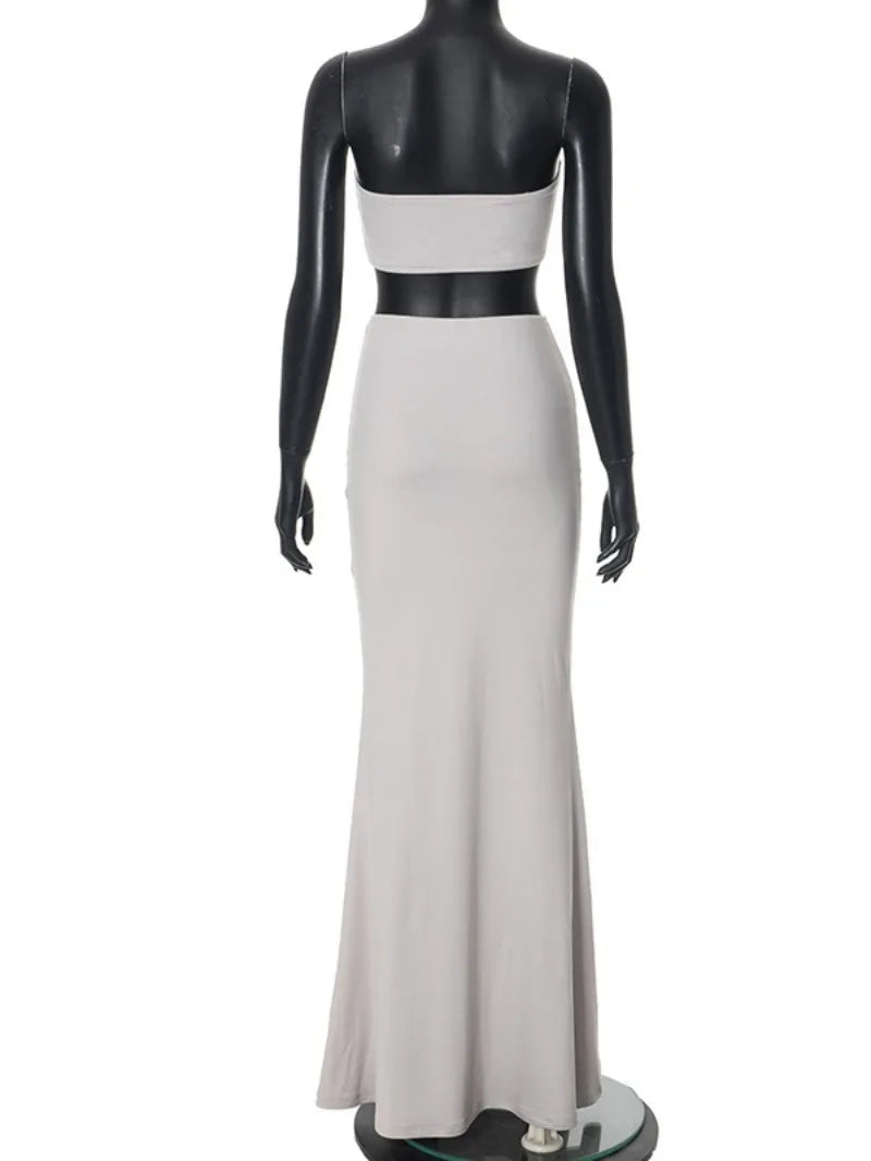 Aiertu  -  Fashion Sexy Super-short Corset Top Long Maxi Dresses Sets Elegant Solid Gray High Waist Skirts 2 Piece Matching Set Streetwear Aiertu