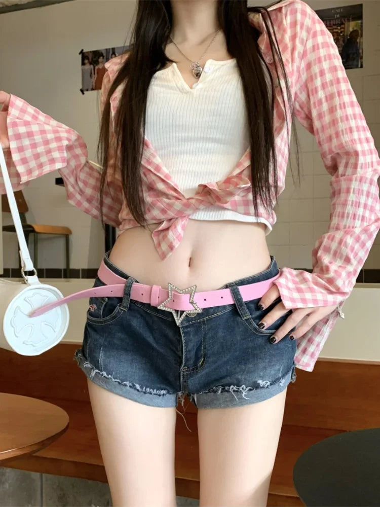 Aiertu  -  Y2k Pink Plaid Women Shirts Check Graphic Long Sleeve Blouses Female Spring Autumn Sexy Slim Button Up Cardigan Chic Ins Aiertu