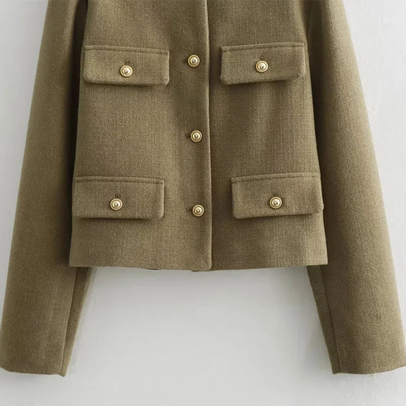 Aiertu  -  New Retro Fashion Women Coarse Tweed Round Neck Long Sleeved Jacket Winter Korean Elegant Lady Long Sleeved Button Short Jacket Aiertu