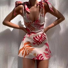 Aiertu  -  Elegant Flower Print Tie-up Slim Suspenders Dress Casual Sleeveless Sweet Style Mini Dress 2026 Women Sexy V-neck Hip Wrap Dress Aiertu