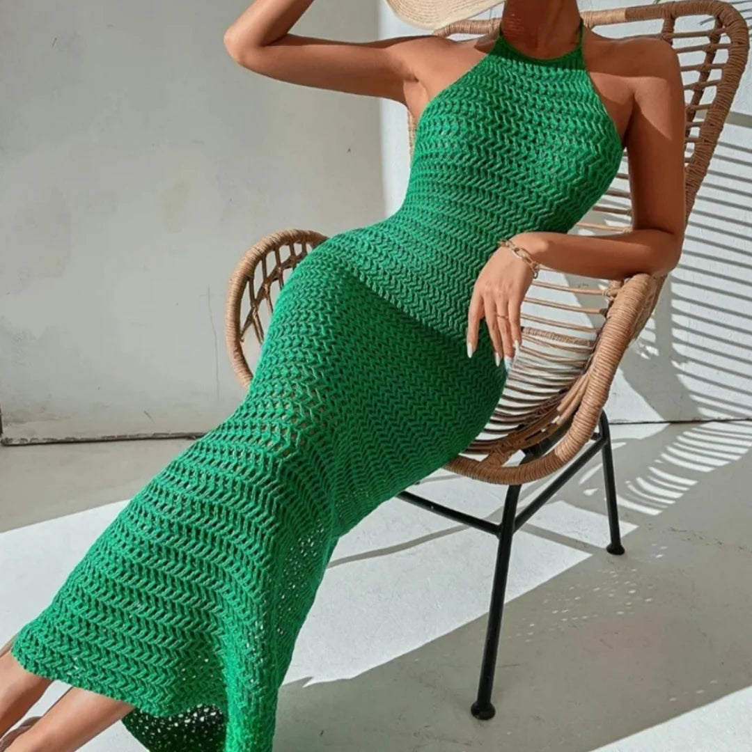 Aiertu  -  Halter Hollow Out Knit Bodycon Dress A-Line Sexy Summer Hoilday Sundress Beachwear Women Backless Maxi Dresses Chic Ladies Robe Aiertu