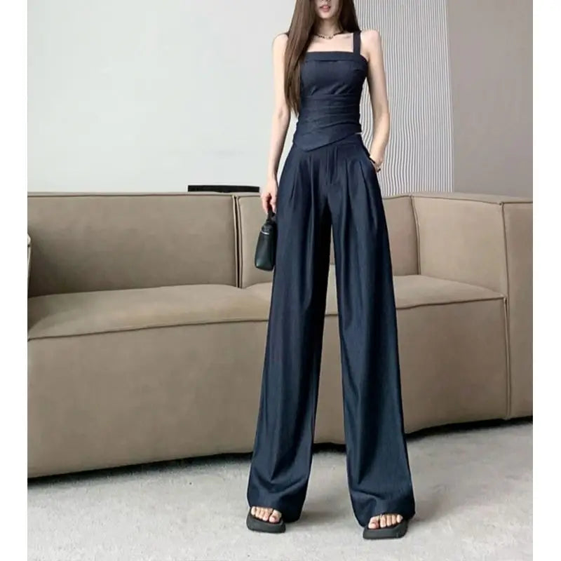 Aiertu  -  Sweet Hot Girl Pure Sexy Suit Women's Summer Denim Camisole Vest High Waist Wide Leg Pants Two-piece Set Fashion Female Clothes Aiertu