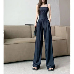 Aiertu  -  Sweet Hot Girl Pure Sexy Suit Women's Summer Denim Camisole Vest High Waist Wide Leg Pants Two-piece Set Fashion Female Clothes Aiertu
