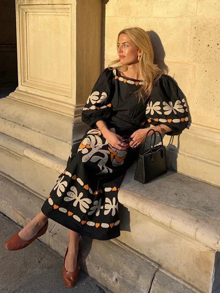 Aiertu  -  Women's Elegant Printed Long Dress Lantern Short Sleeve Loose Female Dresses Casual Square Collar Holiday Lady Robe Summer 2026 Aiertu