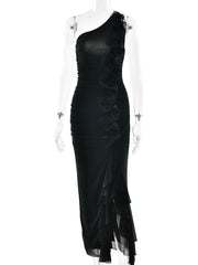 Aiertu  -  Chic Diagonal Collar Ruffles Asymmetrical Long Dress Women Summer One Shoulder Sleeveless Backless Split Vacation Party Dresses Aiertu