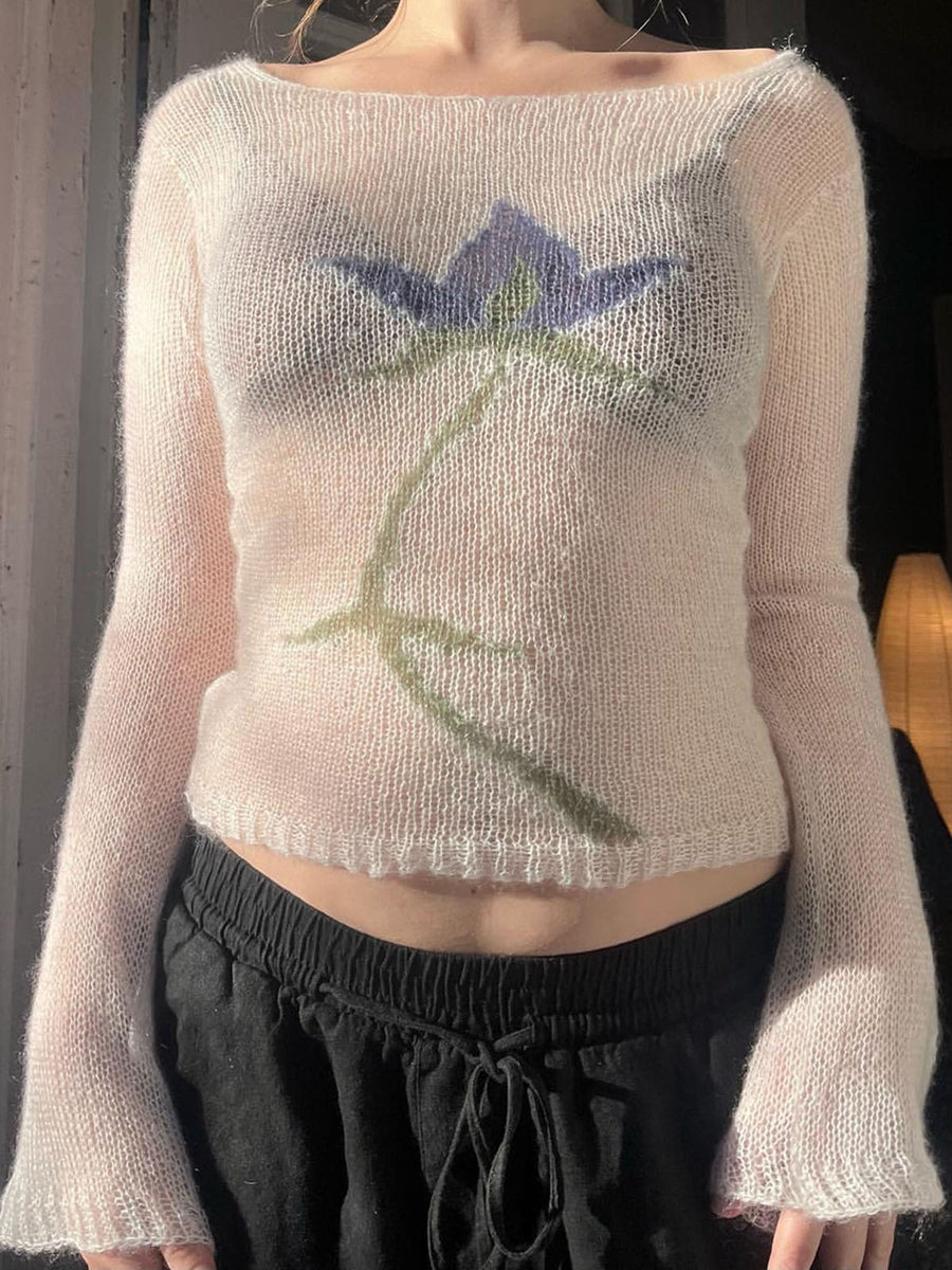 Aiertu  -  Vintage Y2K Knitted Sweater Flower Aesthetics Graphic Print Pullover Tops Long Sleeve Slim 2000s Harajuku Sweater Top Streetwear Aiertu