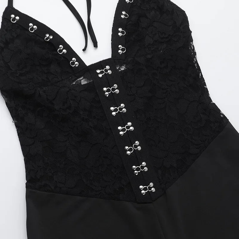 Aiertu  -  Women's Summer Full Length Flare Pants Jumpsuits 2025 Elegant Halter Backless Lace Patchwork Black Overalls Female High Street Aiertu
