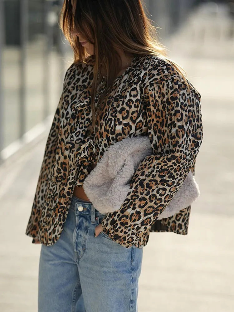 Aiertu  -  Autumn Winter Leopard Print Lace-up Padded Jacket Women Chic Long Sleeve Collarless Loose Coats 2026 New Lady Fashion Streetwear Aiertu