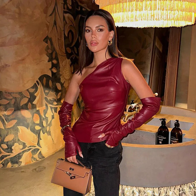 Aiertu     -  Fall Outfits 2026 Slim One Shoulder Leather Waistcoat With Gloves Women Sexy Sleeveless Irregular Vest 2026 Autumn New Lady Chic High Street Tops Aiertu
