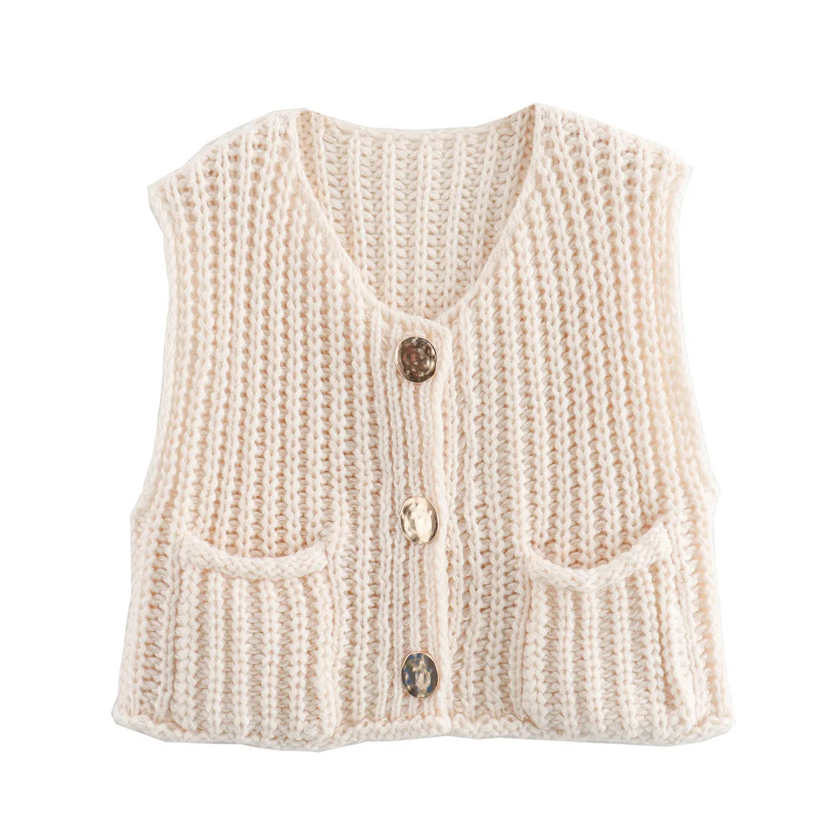 Aiertu  -  Pocket Solid Color Cardigan Women 2026 Autumn New O Neck Single Breasted Sleeveless Cropped Sweater Casual Fashion Knitted Vest Aiertu