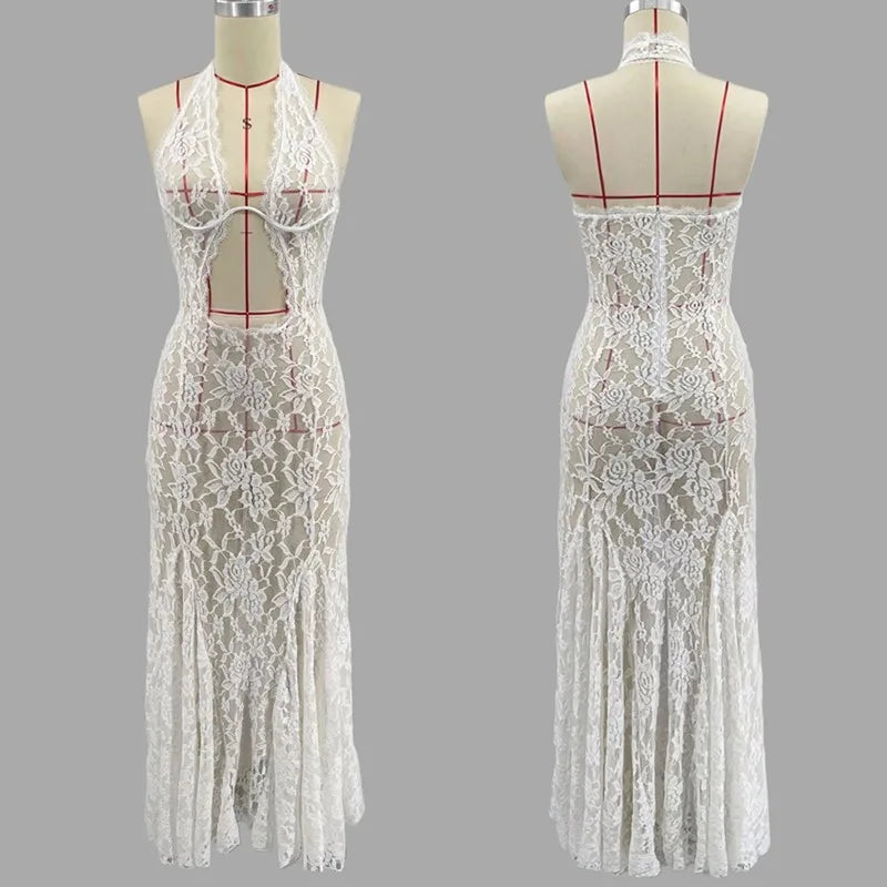 Aiertu  -  Sexy Lace See Through Hollow Out Maxi Dress Womens Elegant Summer White Holiday Beachwear Backless Slim Halter Neck Dress Aiertu
