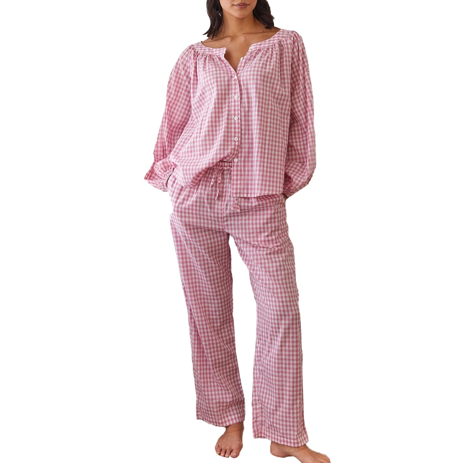 Aiertu  -   Women s Cozy Plaid Print Pajama Set with Long Lantern Sleeves and Elastic Waistband - Button Down Top and Lounge Pants for Fall Aiertu
