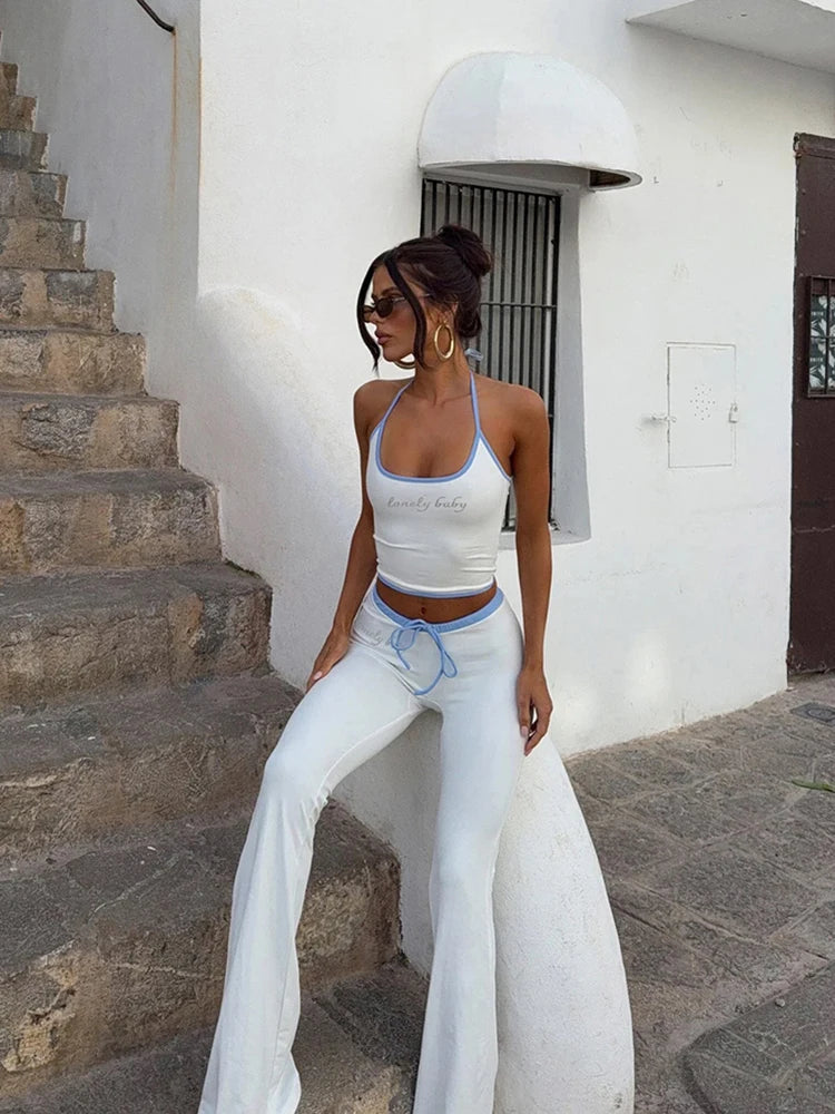 Aiertu  -  Simple Letter Print 2 Piece Set Women Halter Bandage Crop Tops+Drawstring Stretch Flare Pants Vacation Matching Suits Aiertu