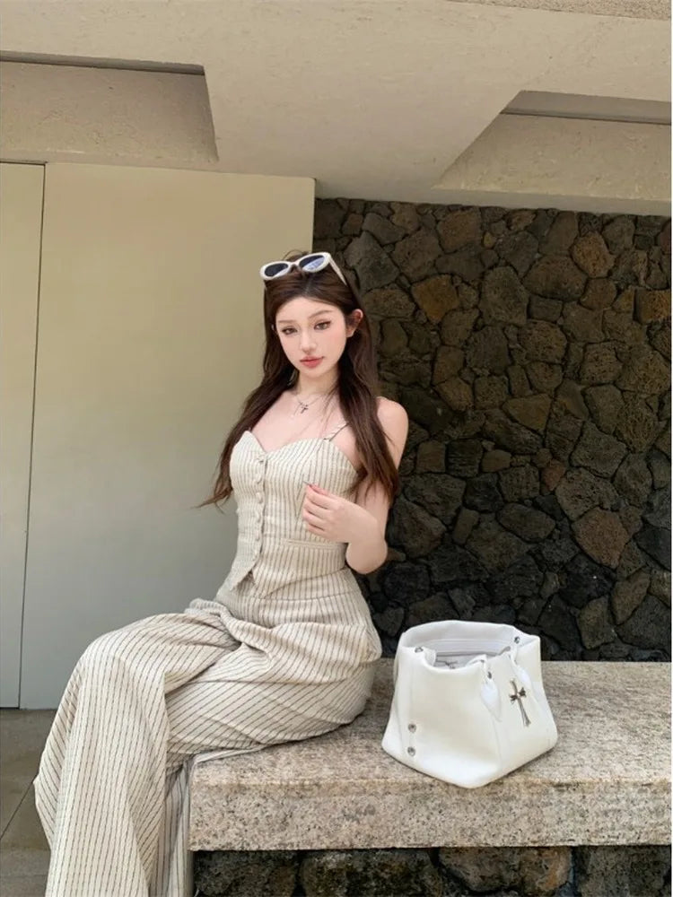 Aiertu  -  Trendy Striped Suits for Women Chic Single Breasted Suspender Vest High Waist Wide Leg Pants 2025 New Elegant Lady 2 Piece Sets Aiertu