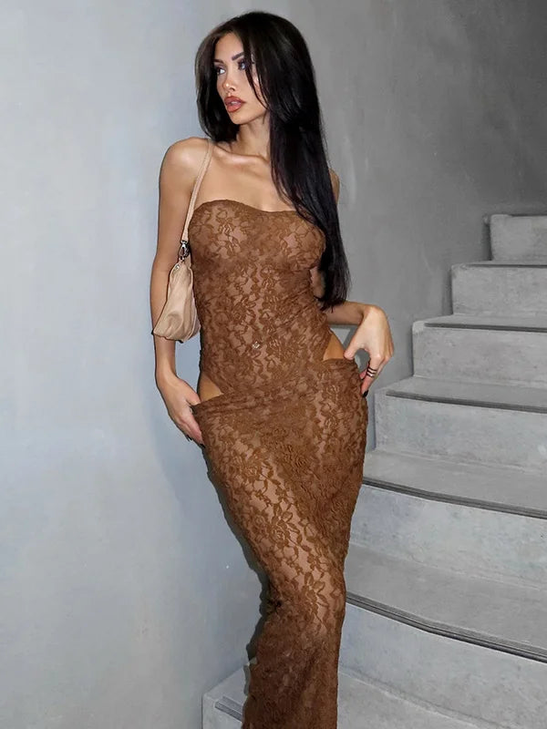 Aiertu  -  New Brown Lace Print High Waist Long Skirt Suit Women Sexy Off Shoulder Slim Short 2 Piece Set Summer New Party Holiday Outfits Aiertu
