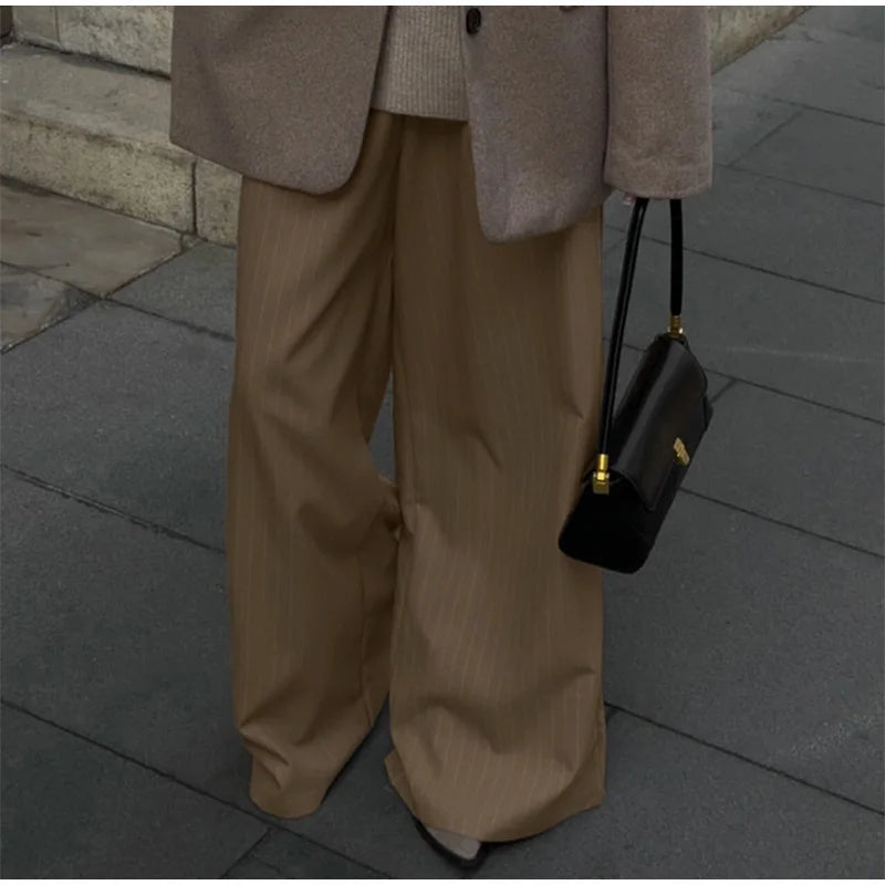 Aiertu  -  Commute Striped Pants Women High Waist Wide Leg Floor-length With Belt Pants Female 2025 Spring Summer Chic Street Lady Trousers Aiertu