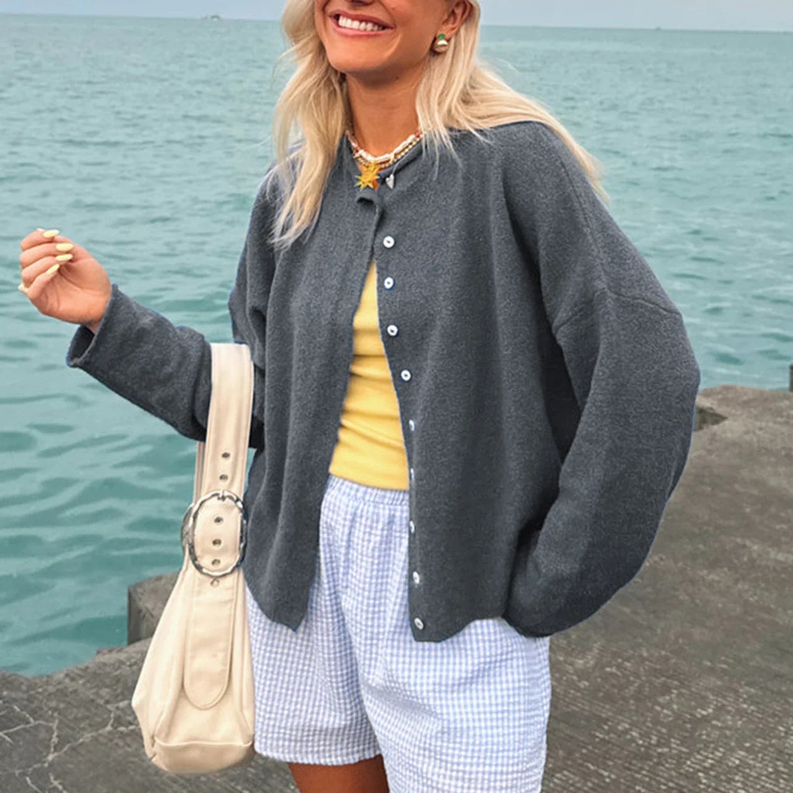 Aiertu  -  Women Casual Cardigan Sweaters Crewneck Button Down Knit Tops Going Out Lightweight Knitwear Fashion Y2K Streetwear Aiertu
