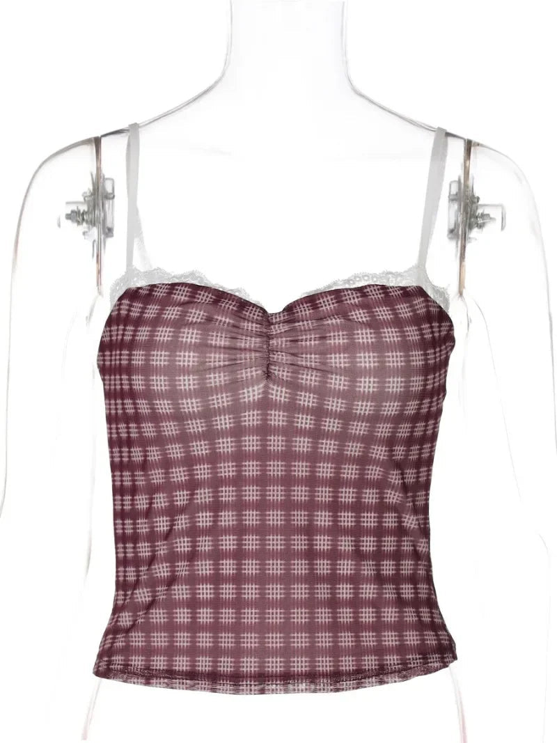 Aiertu  -  Casual Sexy Plaid Camisoles Y2K Girls Spaghetti Strap Crop Tops Streetwear Women's Sleeveless Backless Plaid Corset Top Wine Red Aiertu
