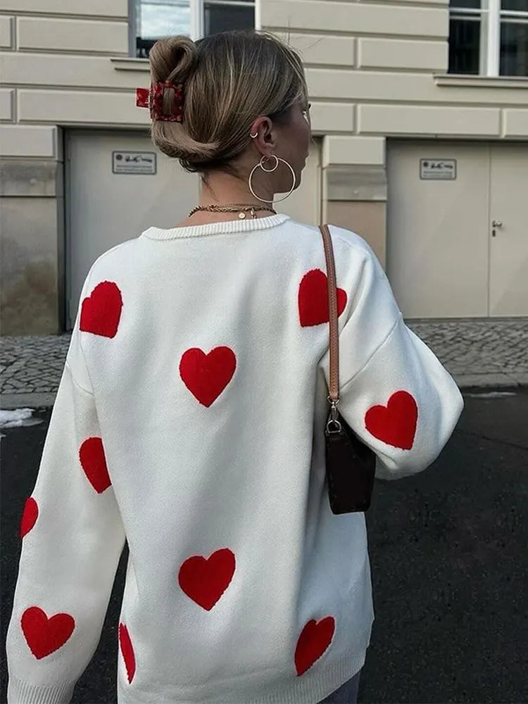 Aiertu  -  Love Heart Printed Knitted Sweater Pullover Tops Fashion O Neck Thickened Long-sleeved Sweaters Women Oversized Street Jumper Aiertu