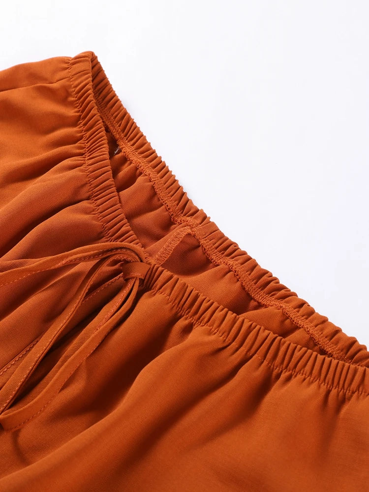 Aiertu  -  Elegant Orange Long Pants Sets For Women Casual Single Breasted Lapel Loose Shirts Wide Leg Straight Trousers Lady 2 Pieces Suit Aiertu