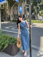Aiertu  -  Sweet Hot Girl Vacation Style Sleeveless Denim Dress for Women's Summer O-neck Slim Fit Long Dress Fashion Female Clothes Aiertu
