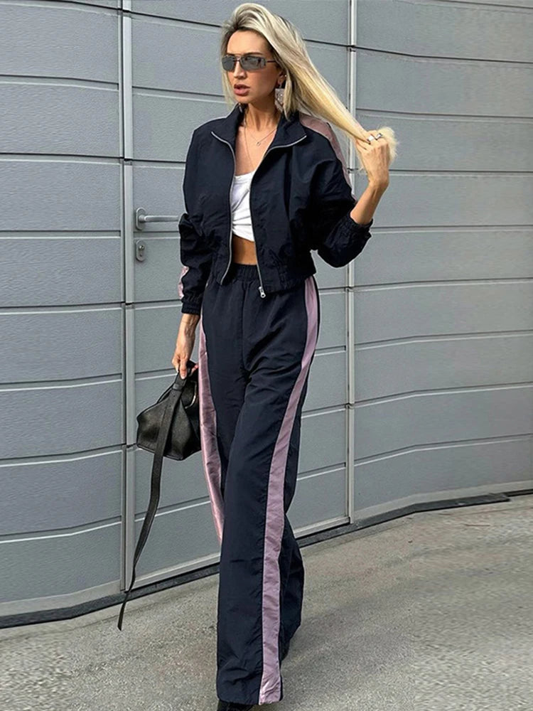 Aiertu  -  Fashion Loose Blue Patchwork 2 Piece Sets Women Outfit Casual Elegant Long Sleeve Zip Top With High Waist Wide Pants Set Female Aiertu