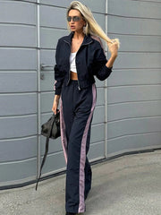 Aiertu  -  Fashion Loose Blue Patchwork 2 Piece Sets Women Outfit Casual Elegant Long Sleeve Zip Top With High Waist Wide Pants Set Female Aiertu