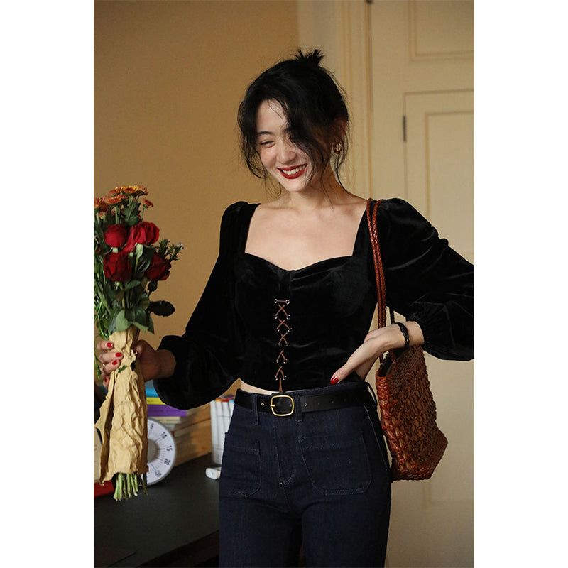 Aiertu Vintage Cropped Velvet Shirts Women Black Square Collar Bandage Blouses Office Ladies Elegant Long Sleeve Slim Tops New Aiertu