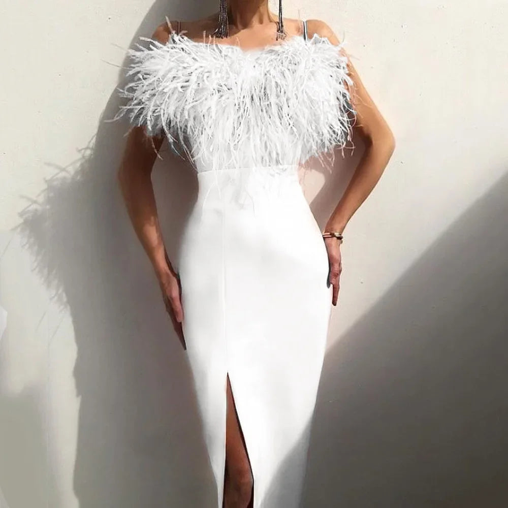 Aiertu  -  New Spring and Summer European and American Women's Dress with Feathered Halter Slim Temperament Package Arm Dress Aiertu