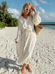 Aiertu  -  New 2026 Autumn Women's V-neck Long Sleeve Floral Print Beach Dress Female Casual Loose Chiffon Long Vacation Dresses with Belt Aiertu