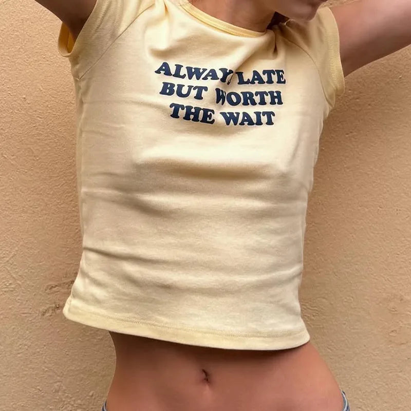 Aiertu  -  Y2K Light Yellow T-shirts for Women 2026 Summer O-neck Short Sleeve Letter Print Slim T Shirt Streetwear Girls Tees Crop Tops Aiertu