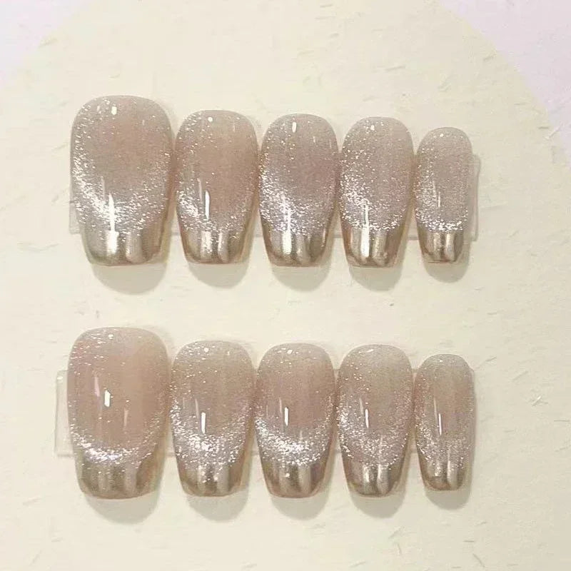 Aiertu 10Pcs Cat Eye Handmade Press On Nails with Gradient Design False Nails Full Cover French Ballerina Wearable Artificial Nail Tips Aiertu