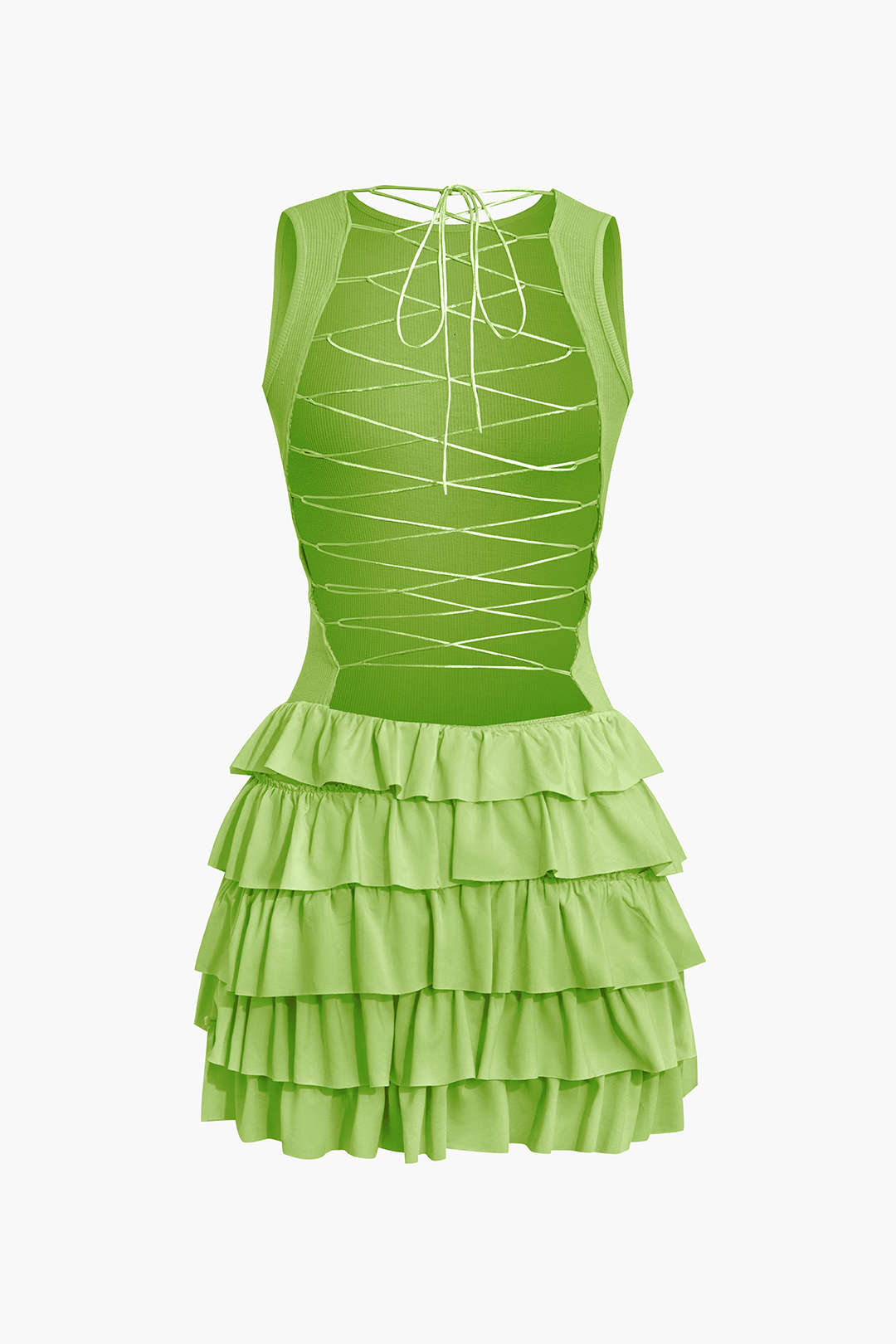 Aiertu  -  Lace Up Back Sleeveless Ruffle Hem Mini Dress Aiertu