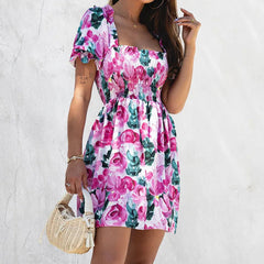 Aiertu  -  Women Slash Neck Flower Print Party Dress Elegant Summer Short sleeved Pleated Mini Dress Fashion Bohemian Vacation Dress Mujer Aiertu