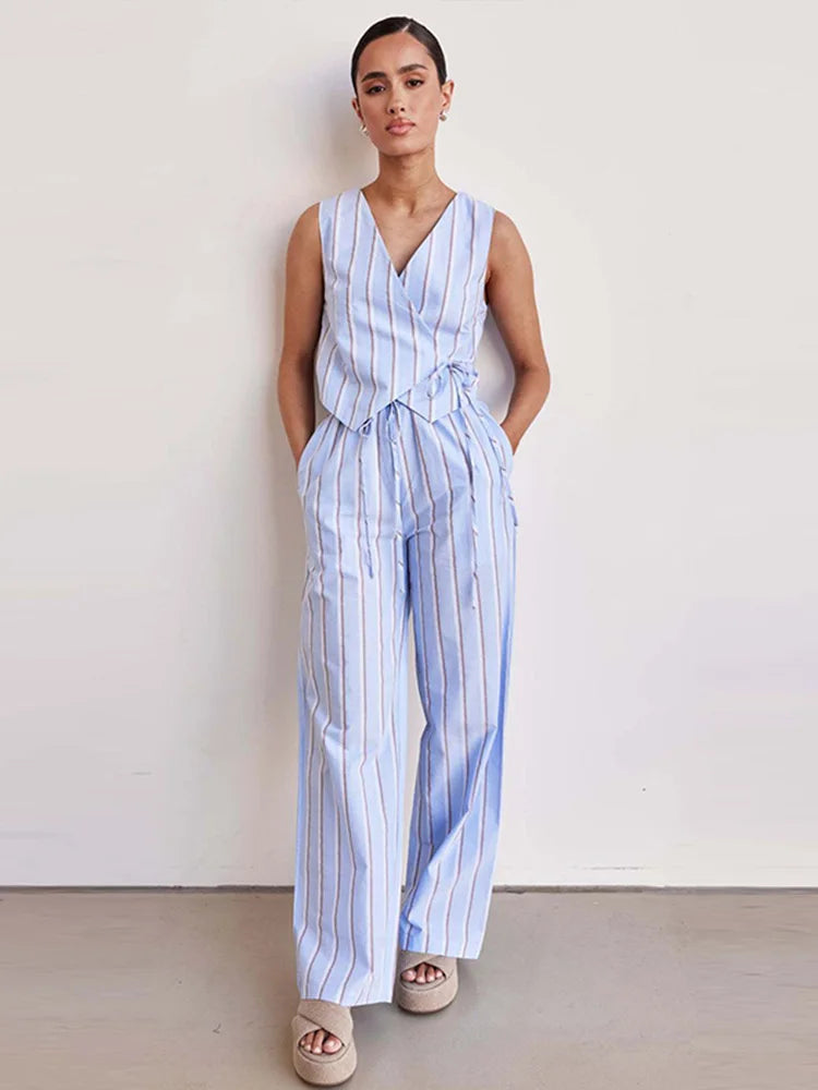 Aiertu  -  Fashion Striped Long Pants Set Lady V-neck Sleeveless Cross Lace Up Vest Top Loose Straight Trousers 2 Piece Sets Women Outfit Aiertu